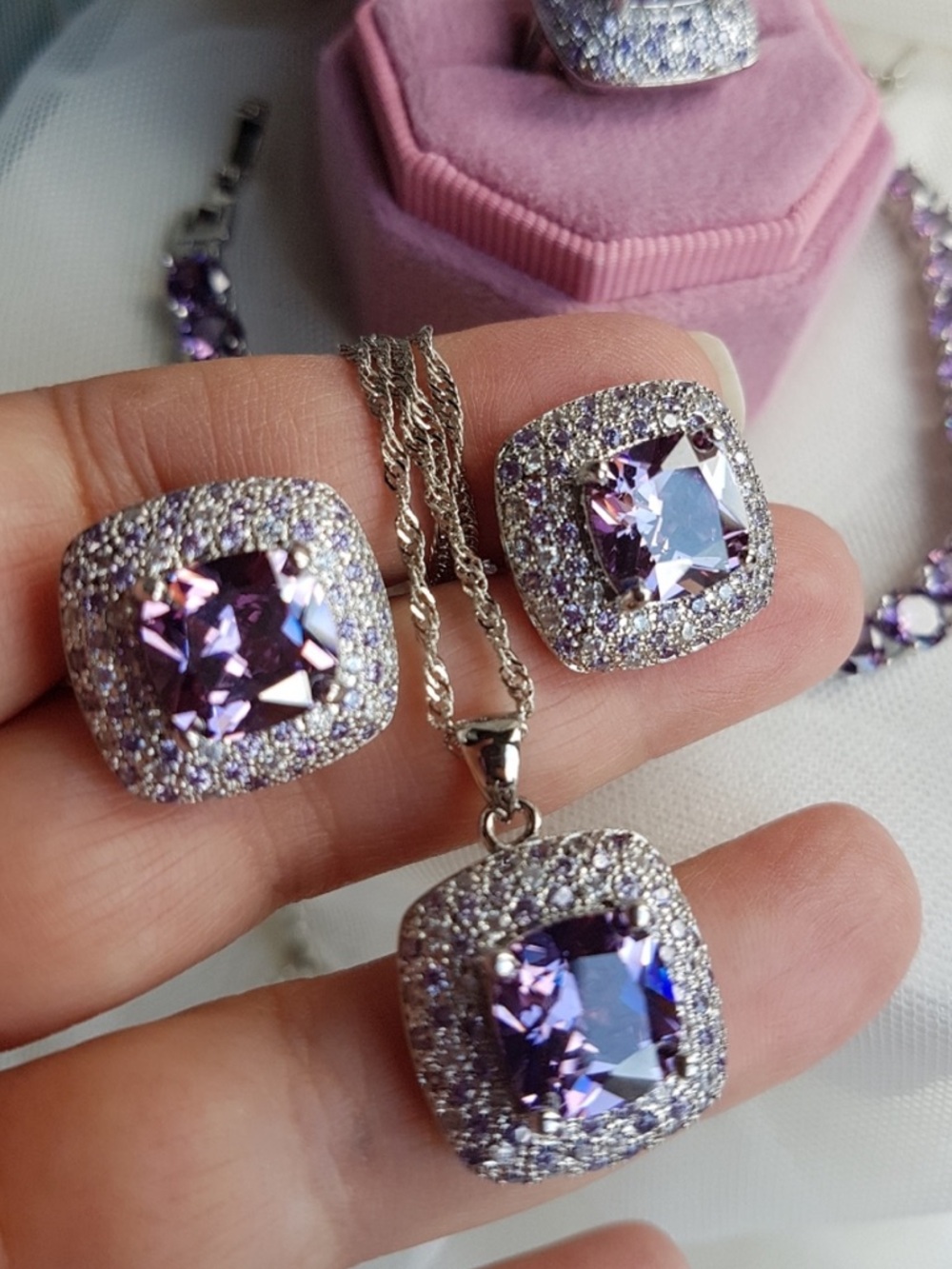 Swarovski Elements 925 Sterling Silver Princess-cut Purple Stud Earrings NEW